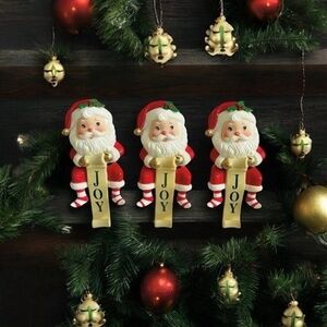 3x Russ Berrie Santa Claus JOY Christmas Stocking Holder Hanger Mantle Vintage